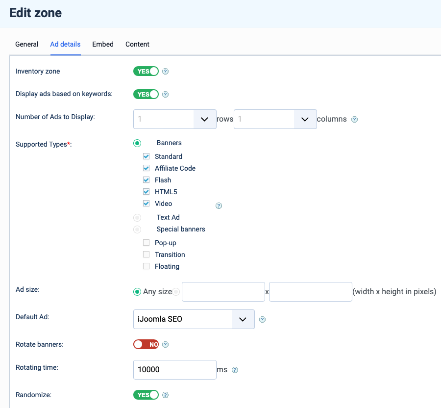 Joomla advertising zone details tab