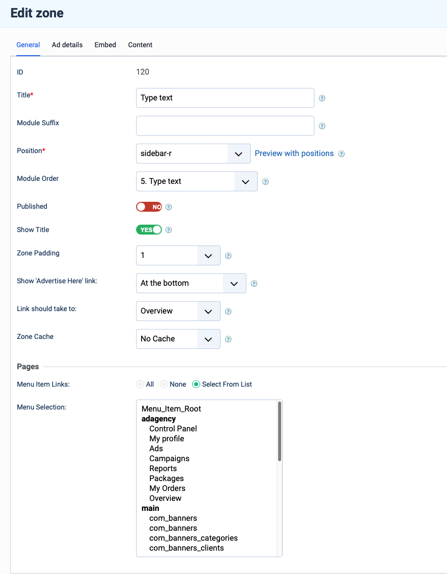 Joomla advertising zone general tab