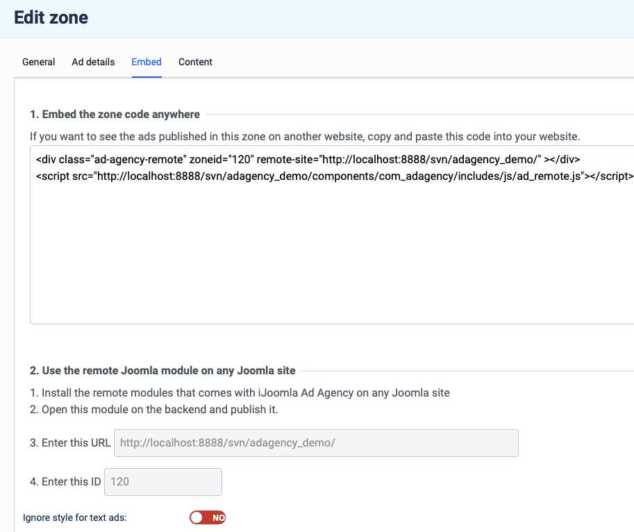 Joomla advertising zone embed tab