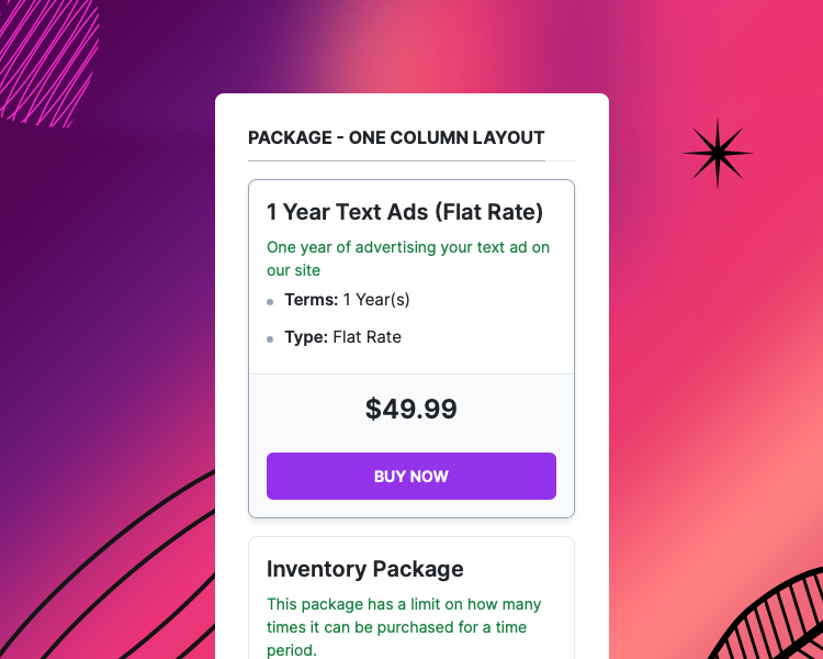 Joomla advertising package module one column layout