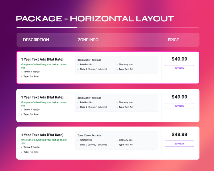 Joomla advertising package module horizontal layout