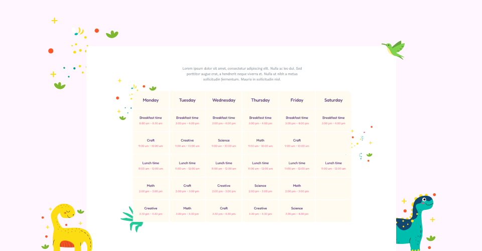 Joomla kindergarten template timetable layout
