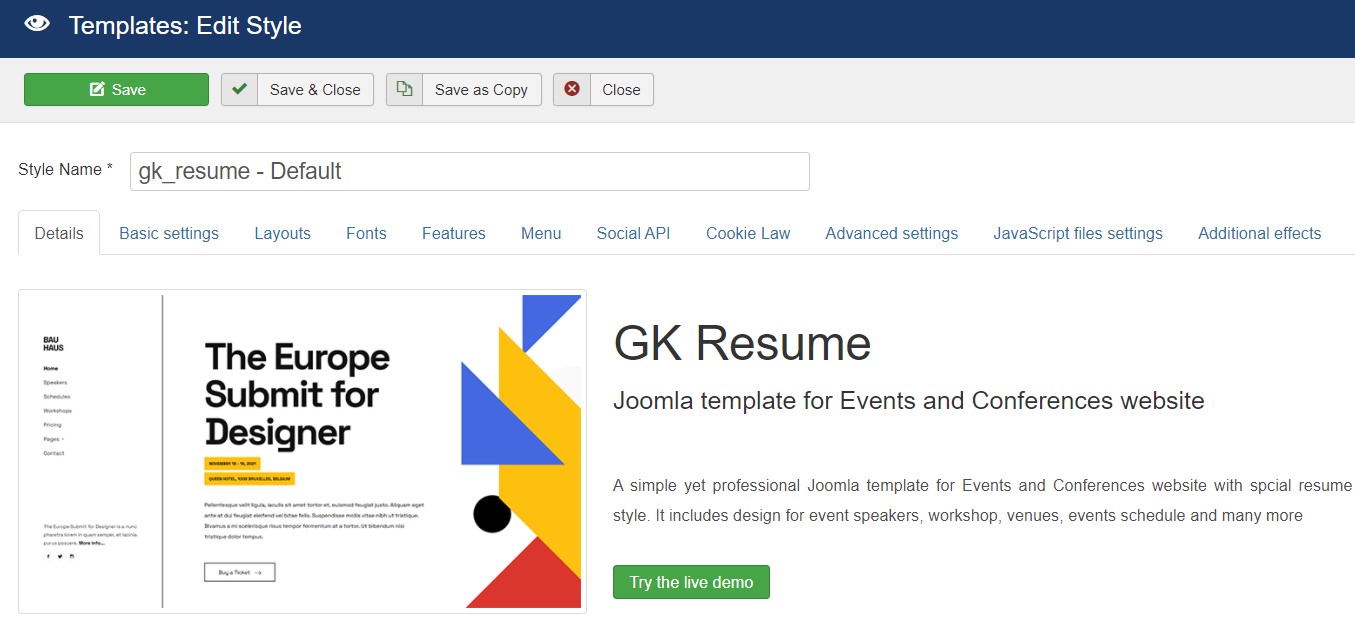 GK Resume template settings