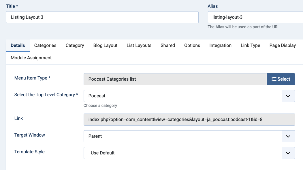 Joomla audio list menu setting layout