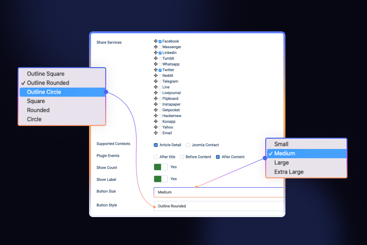 Easy to configure Joomla social sharing extension