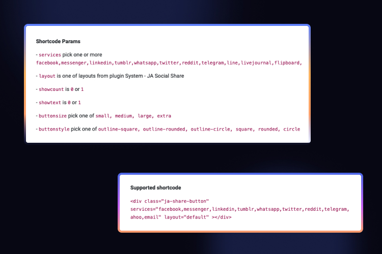 JA Social share plugin support shortcode