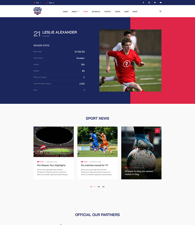 Football player profile Joomla template - JA Sport