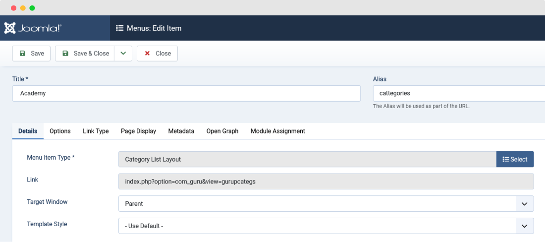 Joomla home menu settings