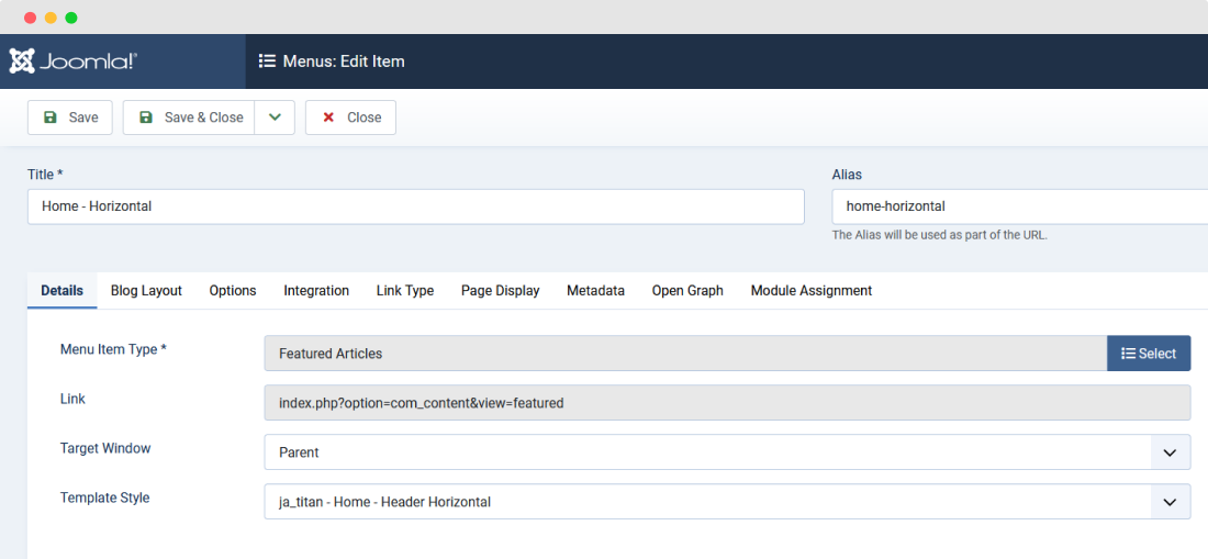 Joomla home menu settings