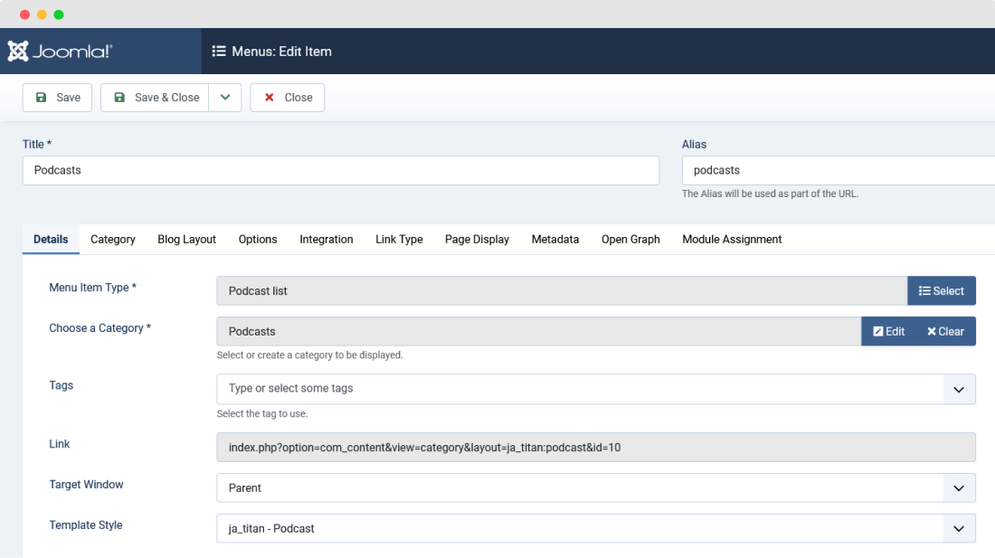 Joomla home menu settings