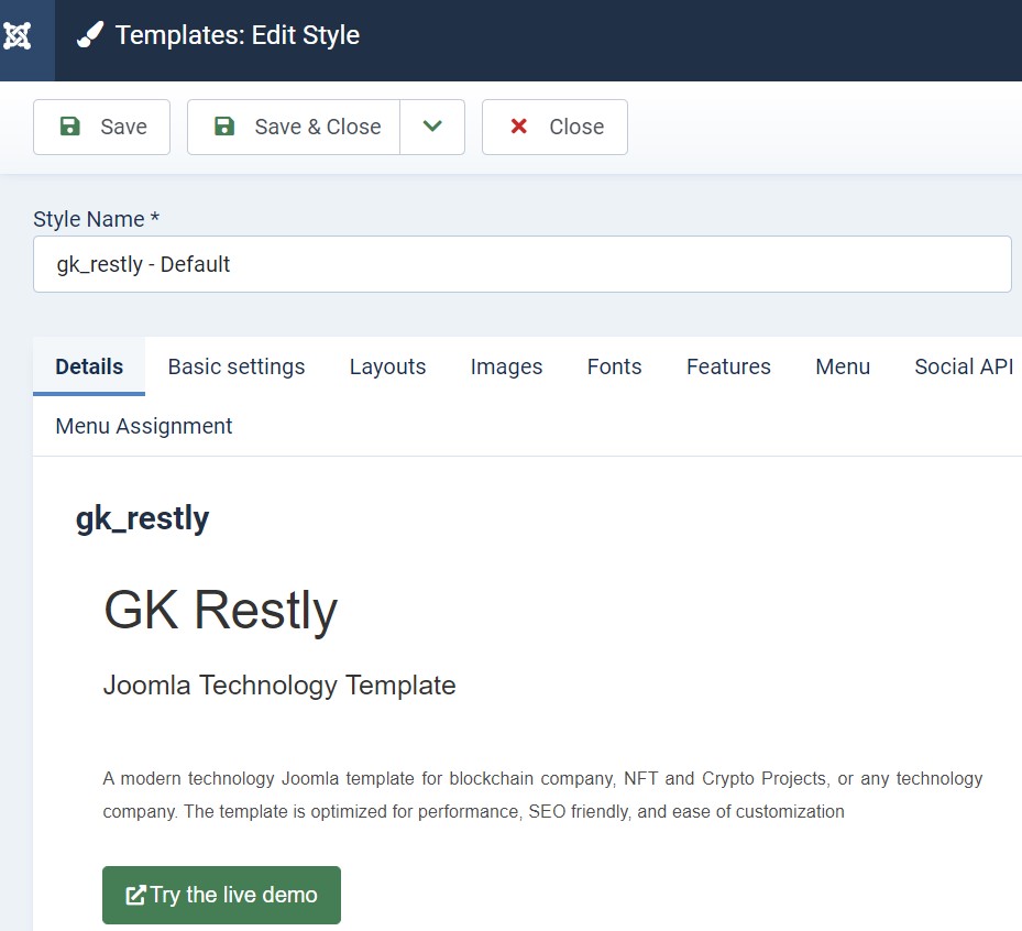 GK Restly template settings
