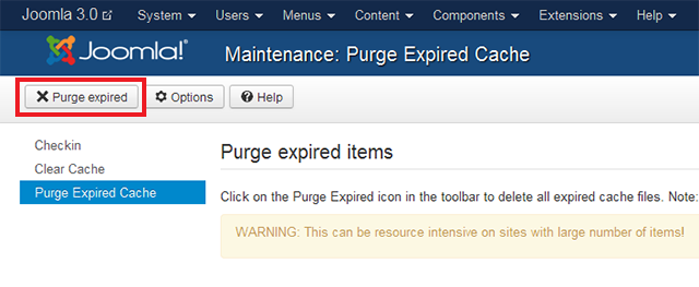 Purge expired cache in Joomla 3