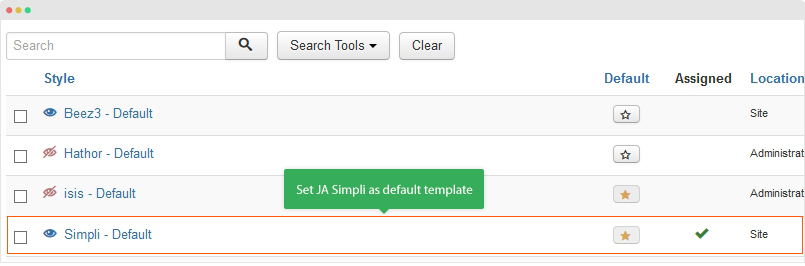 set JA Simpli as default template