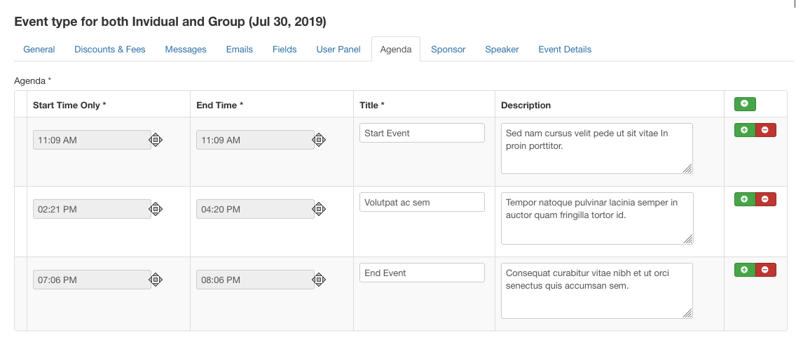events agenda settings in dt register