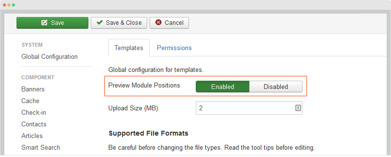 enable Joomla preview positions