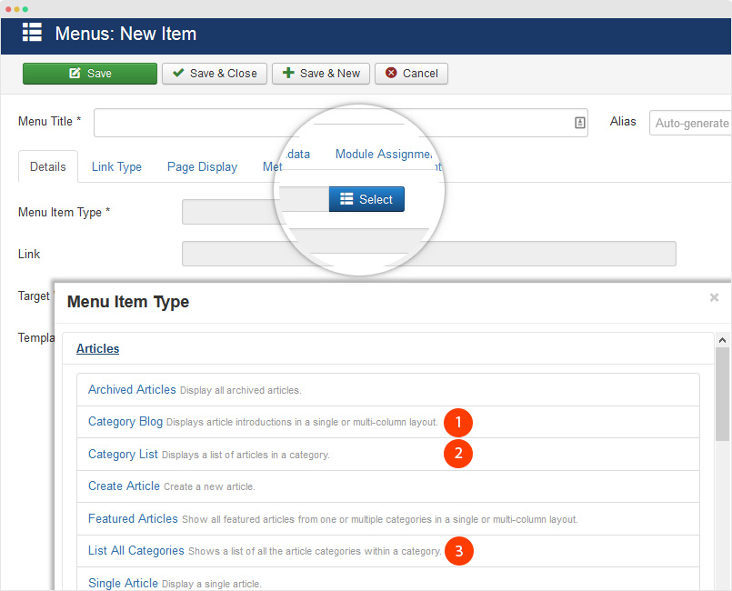 joomla category setting