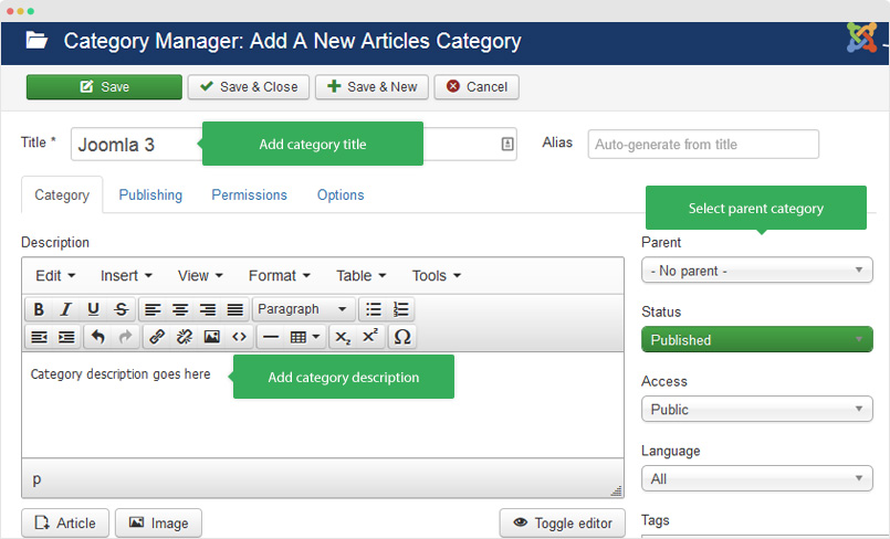 joomla category setting