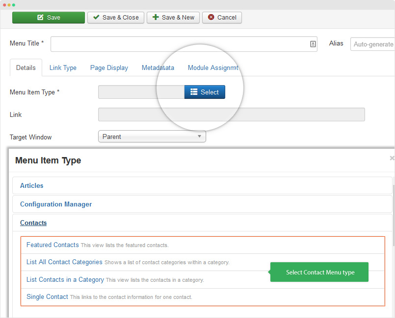 create joomla contact menu