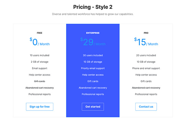 pricing table 2