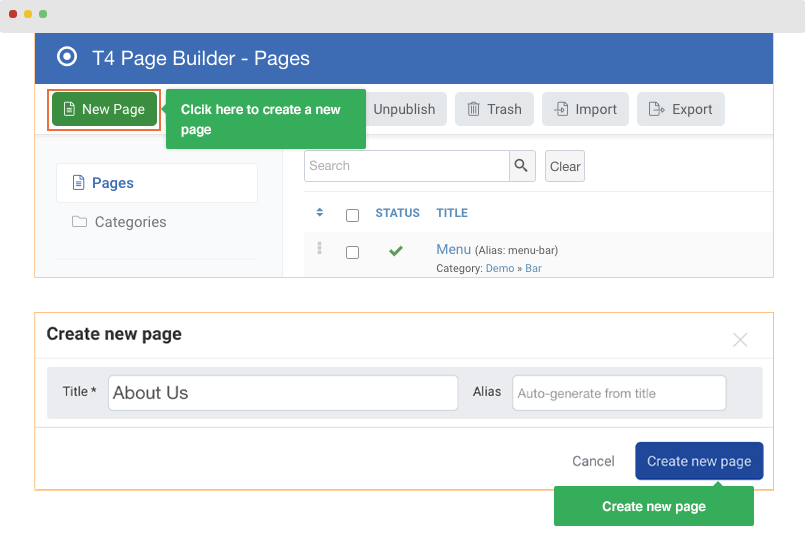 t4 Joomla page builder menu settings
