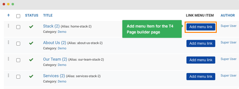 create t4 Joomla page builder menu