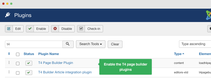 enable t4 joomla page builder plugin