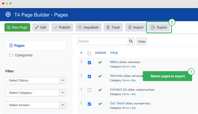 export joomla pages