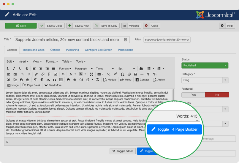 t4 joomla template builder edit joomla article