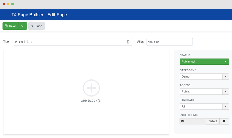 t4 Joomla page builder page settings