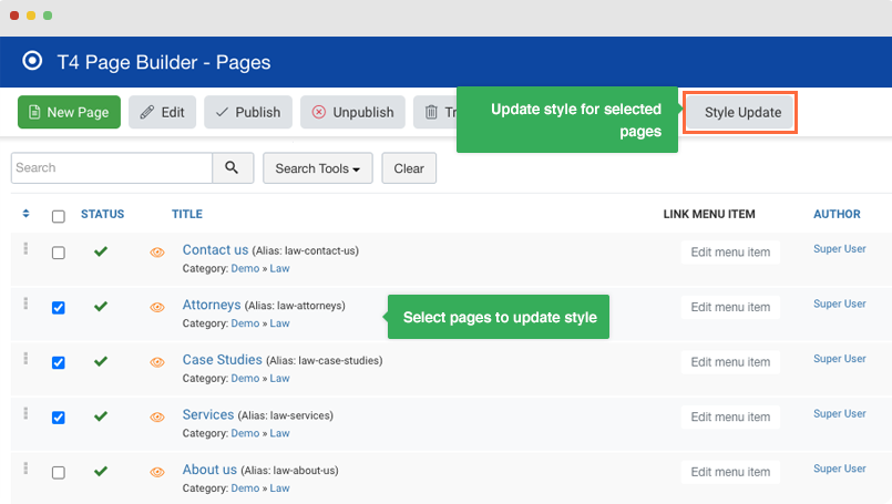 t4 joomla page builder page style update