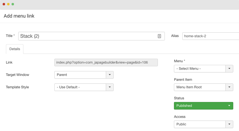 t4 Joomla page builder menu settings